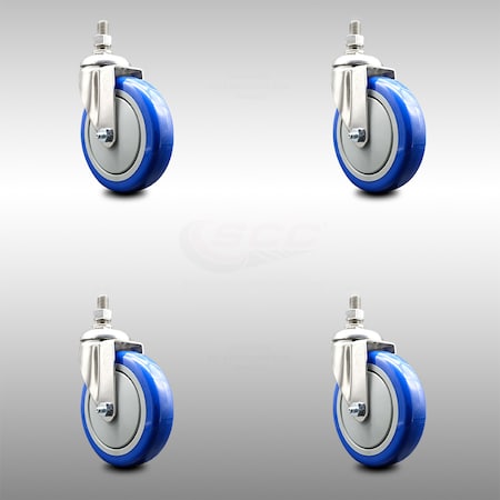 Service Caster 5 Inch 316SS Blue Polyurethane Wheel Swivel 12mm Threaded Stem Caster Set SCC-SS316TS20S514-PPUB-BLUE-M1215-4